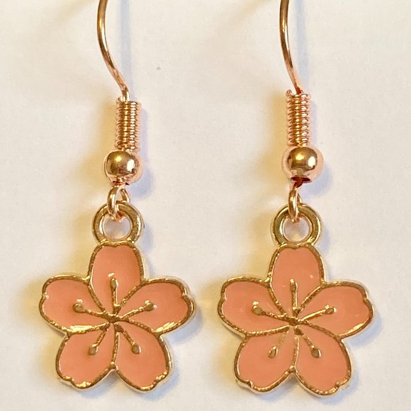 Hibiscus Flower Earrings Rose Gold Plated Enamel Peach Pink Dangle Dainty Island - Picture 7 of 12